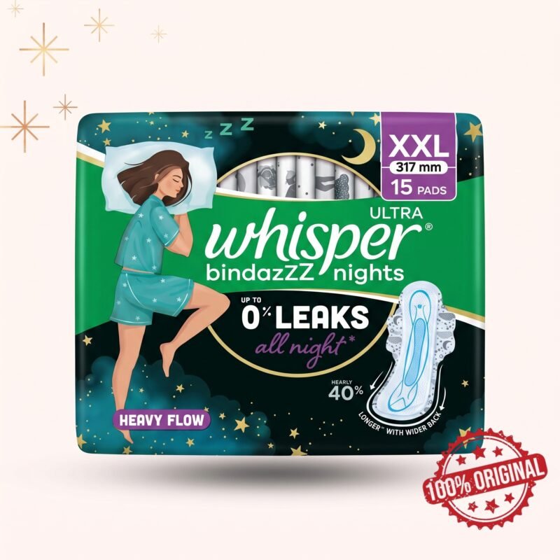 Designed for bold confidence, Whisper Bindazz Nights Wings 15’s Pack from Whisper offers powerful overnight protection with stylish comfort.