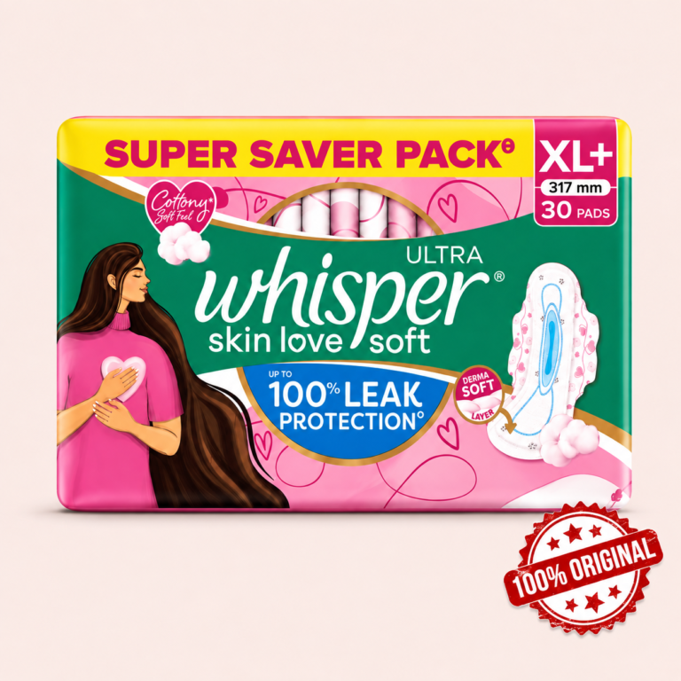 The Whisper Ultra Love Soft XL+ Wings 30’s Pack is ideal for monthly protection. Manufactured by Whisper, it ensures maximum hygiene, comfort, and long-lasting dryness for heavy flow days.